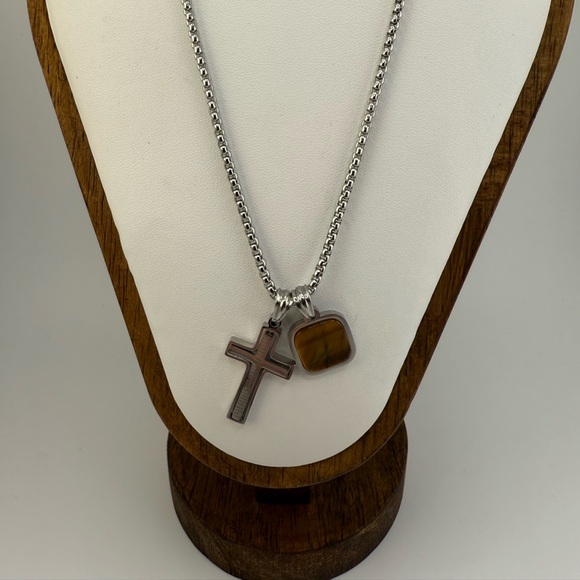 Anthony Jacob’s Stainless Steel Necklace With Cross And Square Tiger Eye Stone - Picture 3 of 11